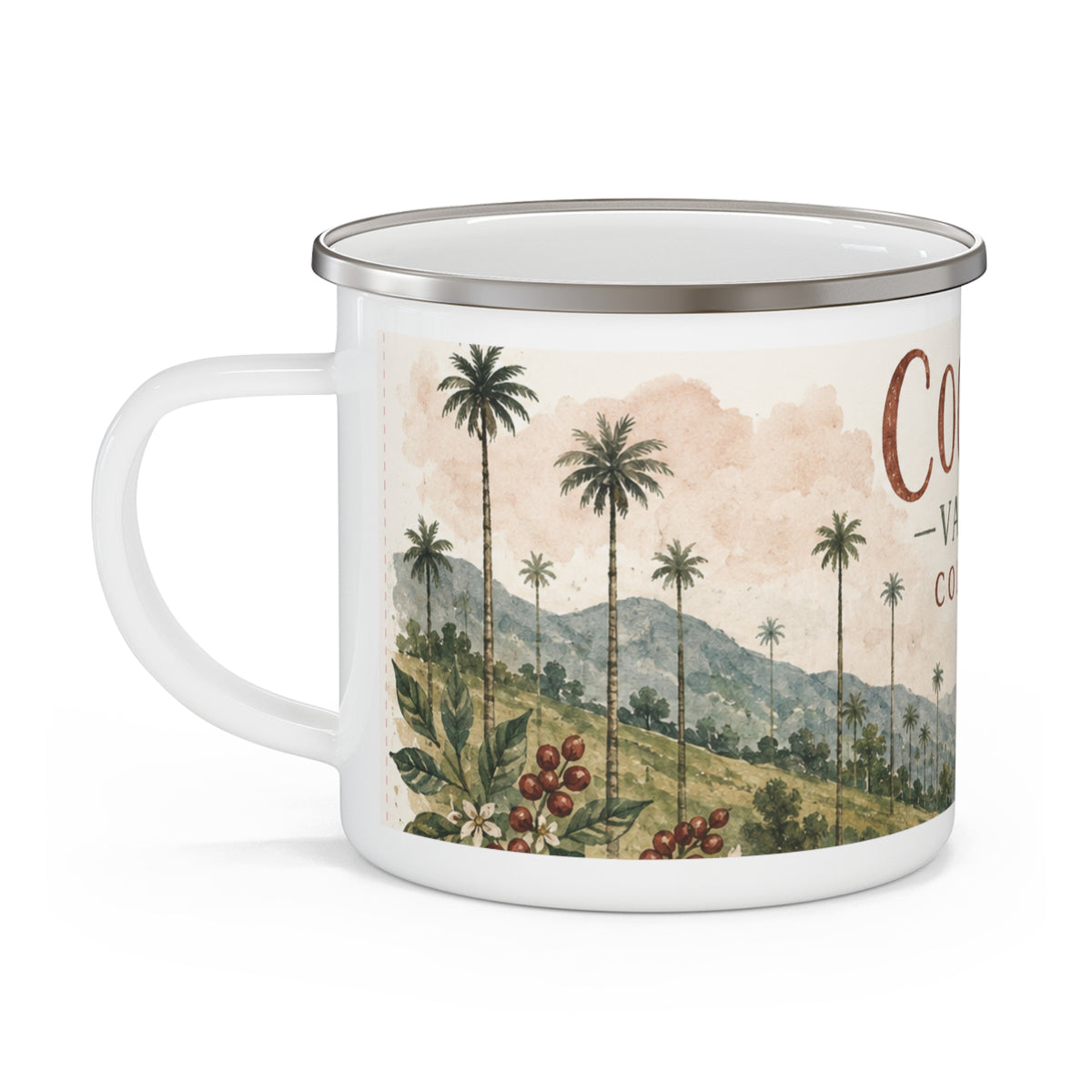 Cocora Valley Colombia Enamel Camping Mug — Vintage Mountain Travel Coffee Cup