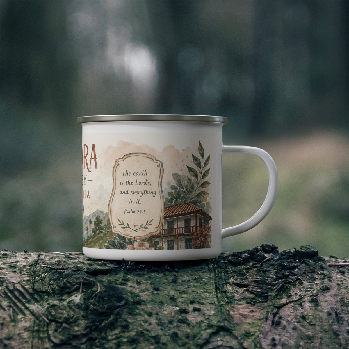 Cocora Valley Colombia Enamel Camping Mug — Vintage Mountain Travel Coffee Cup