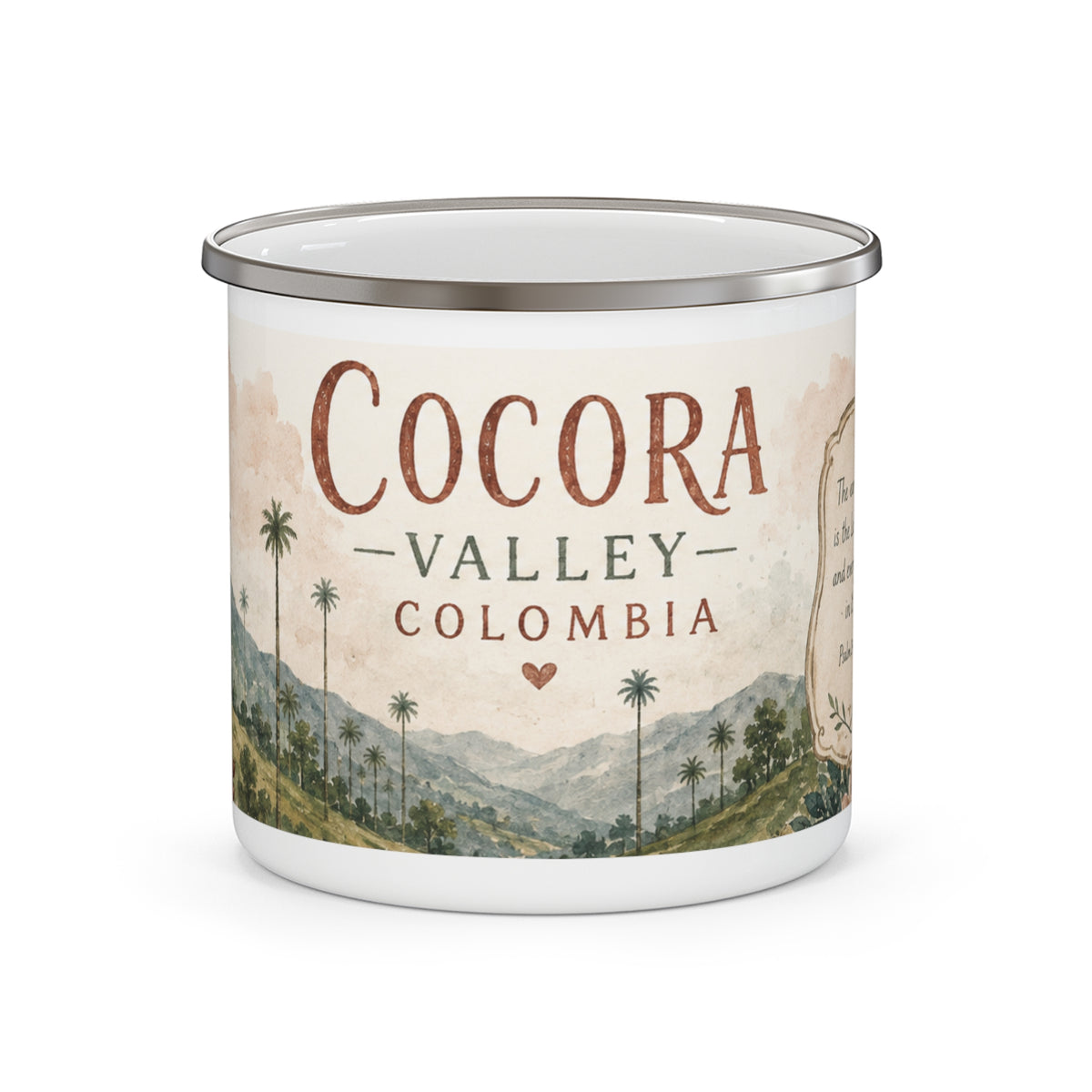 Cocora Valley Colombia Enamel Camping Mug — Vintage Mountain Travel Coffee Cup
