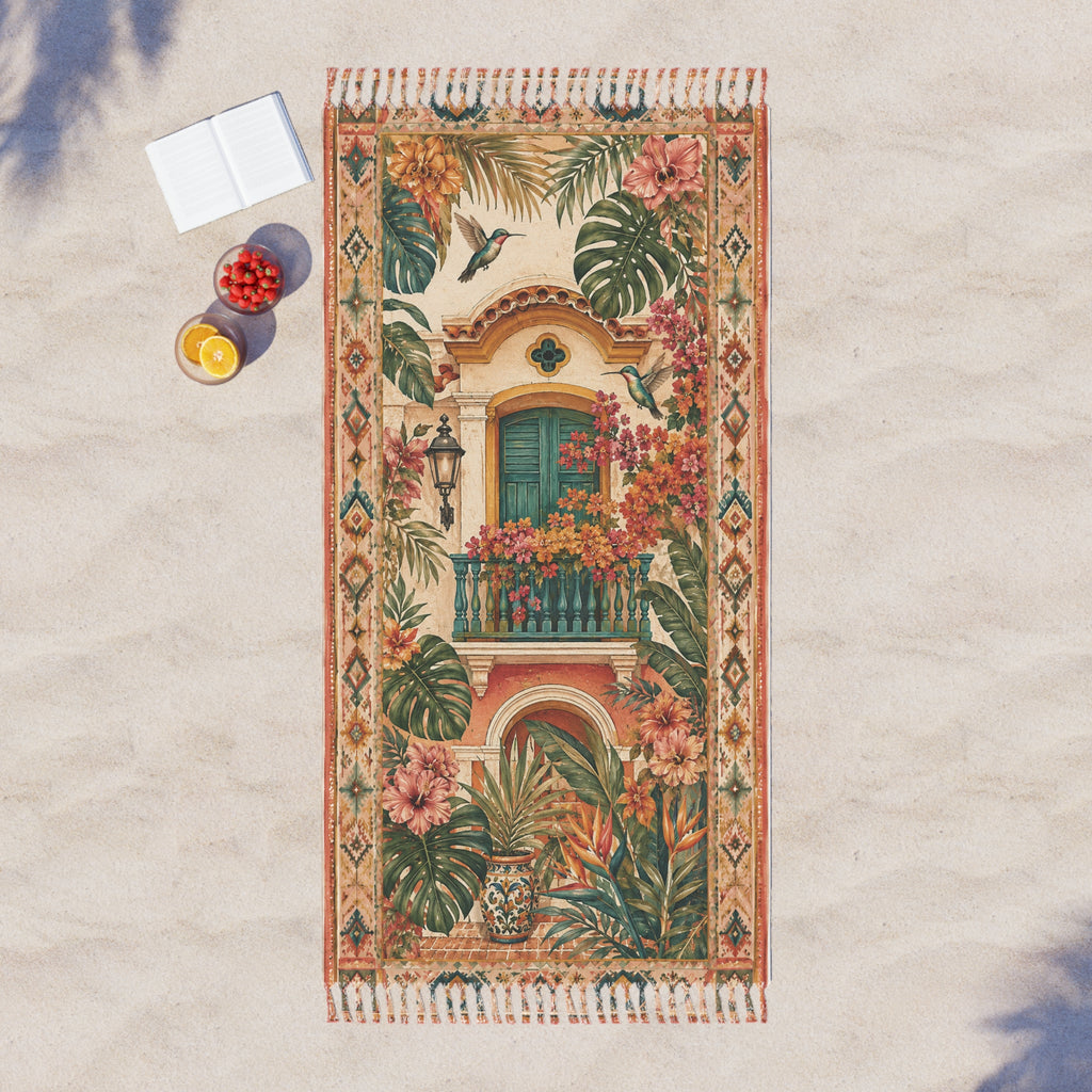 Boho Tropical Beach Towel — Vintage Balcony Floral Print with Fringe