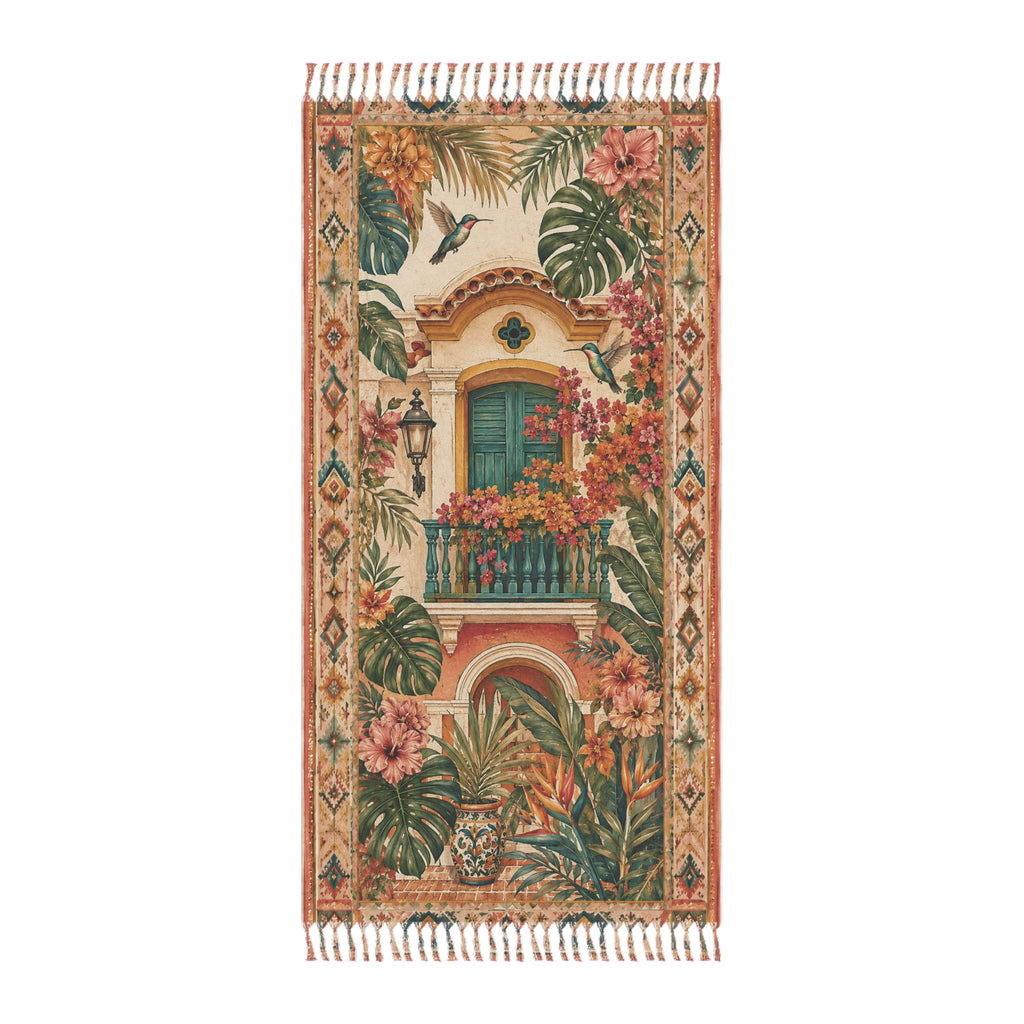Boho Tropical Beach Towel — Vintage Balcony Floral Print with Fringe