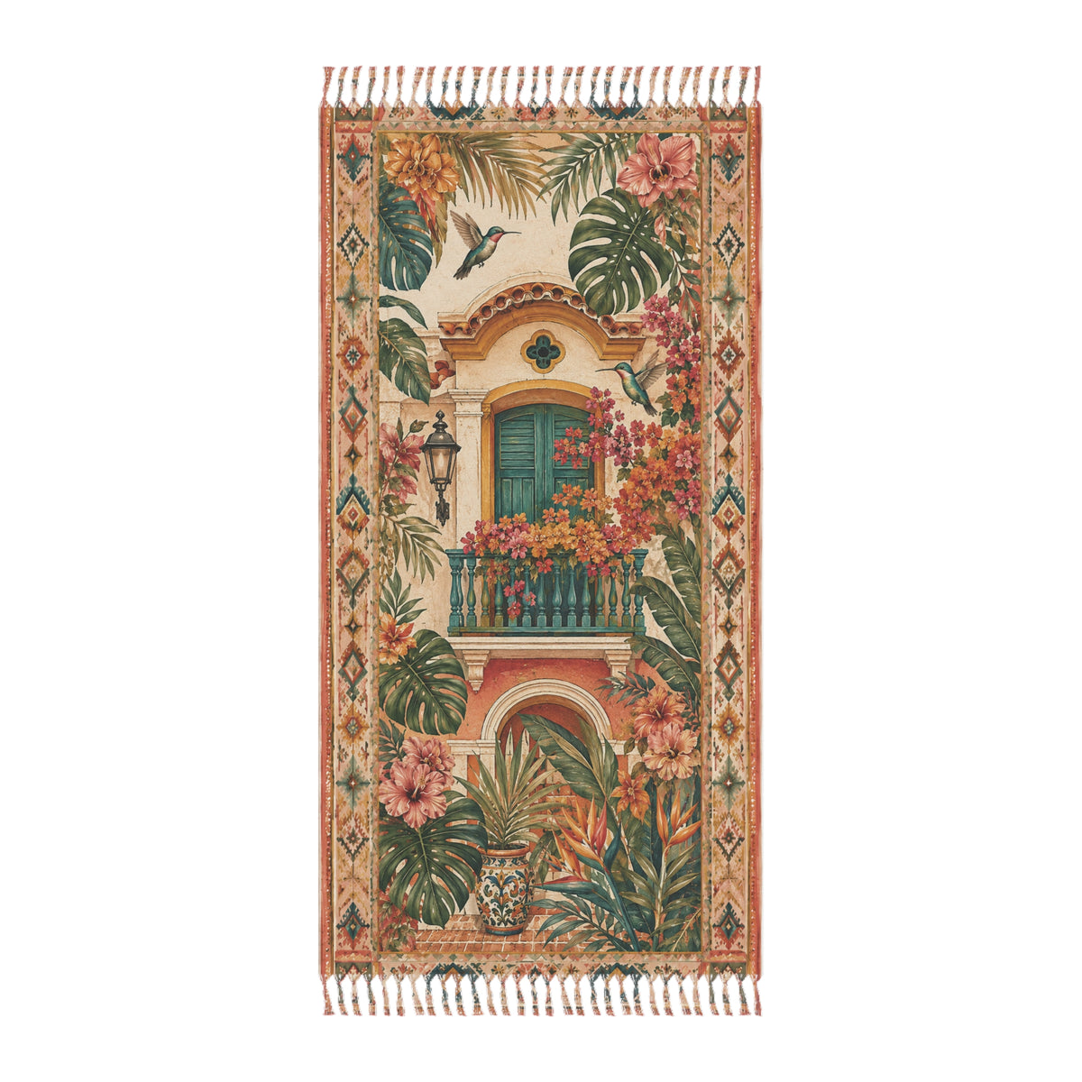 Boho Tropical Beach Towel — Vintage Balcony Floral Print with Fringe