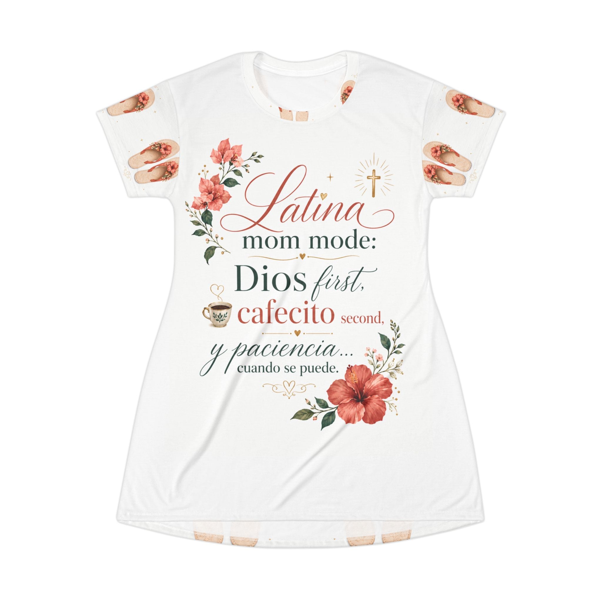 Vestido camiseta 'Corazón y Cafecito' – vestido casual con estampado floral y mensaje en español