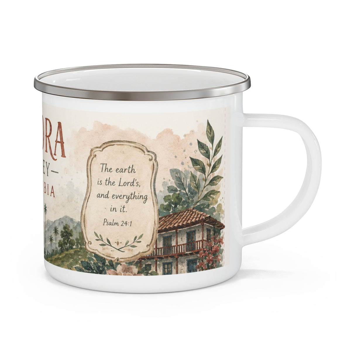 Cocora Valley Colombia Enamel Camping Mug — Vintage Mountain Travel Coffee Cup