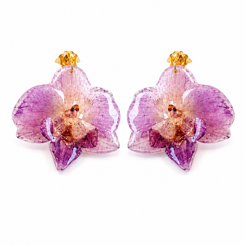 Front view of preserved Colombian purple orchid earrings